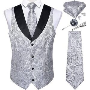 DiBanGu Men's 7PCS Paisley Vest 3XL & Necktie – Silver/Grey Shawl Collar Waist